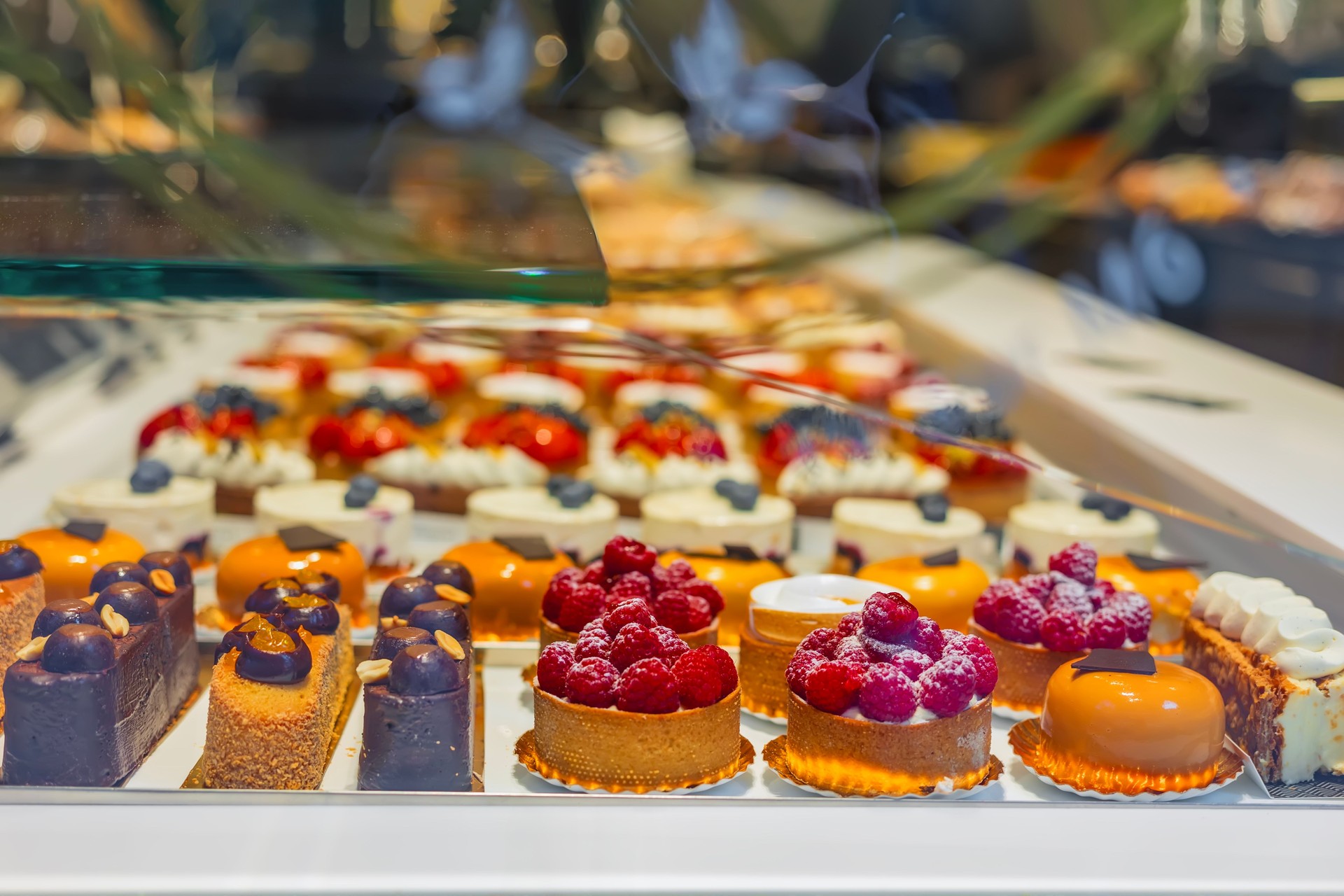 Showcase with cakes and desserts. Colorful assortment of gourmet cakes and pastries displayed in bakery showcase with elegant detail. Concept of desserts, patisserie art, sweet temptation